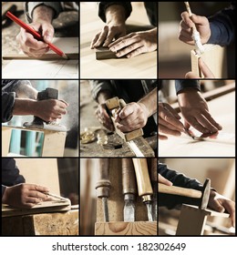 Collage Of Carpenter At Work, Hands Close Up