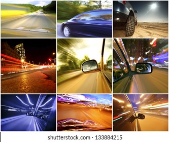 Collage of cars driving fast on different roads