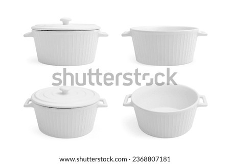 Collage with ceramic pot isolated on white, different angles