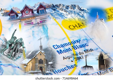 Collage With Chamonix Mont-blanc, France  Landmark Photos Over The Map. My Own Photos Used