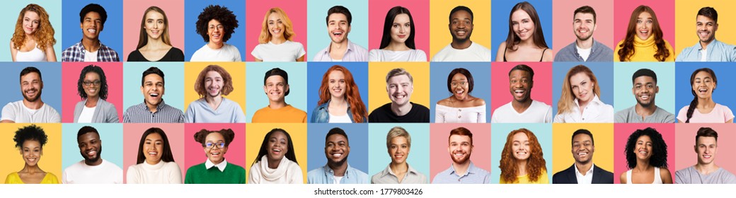 Collage Of Cheerful Mixed Millennials Portraits, Different Real People Smiling Posing On Colorful Backgrounds. Panorama - Shutterstock ID 1779803426