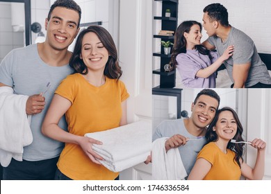 collage of cheerful multiracial couple holding towels and toothbrushes in bathroom - Powered by Shutterstock