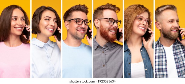 Collage von fröhlichen jungen Leuten in Gelegenheitskleidung, die auf Mobiltelefonen sprechen und wegschauen