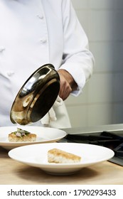 Collage Of Chef Cooking Pan Fried Cod In Kitchen