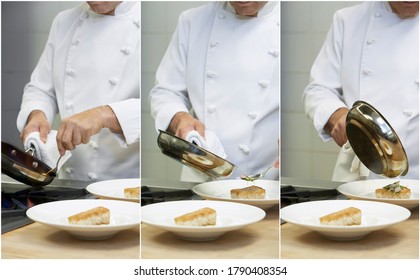 Collage Of Chef Cooking Pan Fried Cod In Kitchen