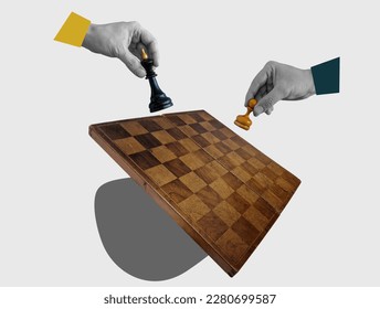 Collage with a chessboard and hands holding a king and a pawn. Business strategy and tactics. - Shutterstock ID 2280699587