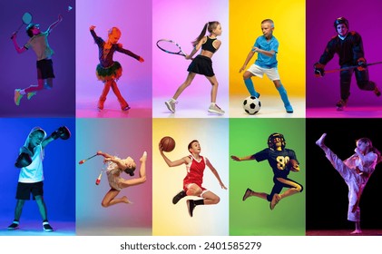 Collage. Children, boys and girls training, practicing different kind of sports over multicolored background in neon light. Concept of professional sport, competition, championship, action - Powered by Shutterstock