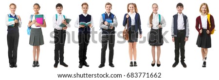 Collage of children in different school uniforms on white background