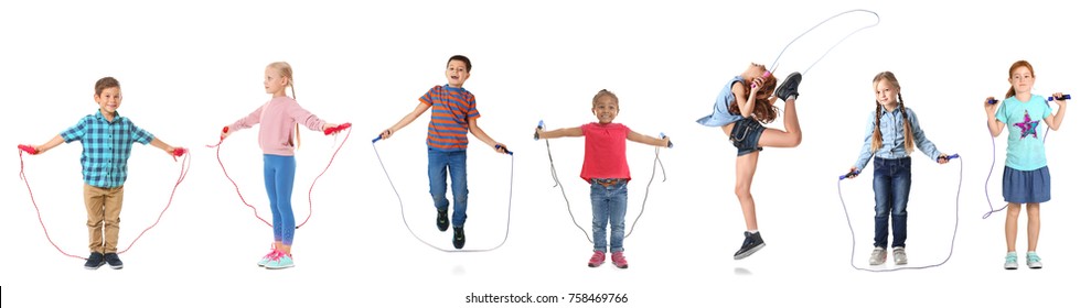 Collage of children with jumping ropes on white background