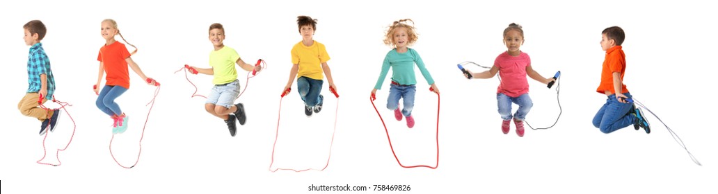 Collage of children with jumping ropes on white background - Powered by Shutterstock