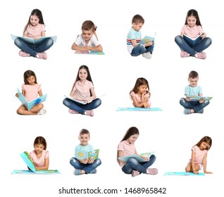 Collage Of Children Reading Books On White Background 