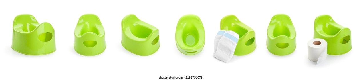 Collage Of Children's Potty On White Background