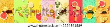 Collage with citrus essential oils in water on color background, top view