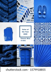 Collage with Classic Blue Pantone color of the year 2020 
