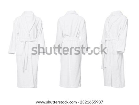 Collage with clean terry bathrobe on white background, different views