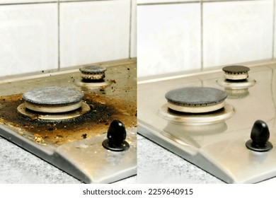 Collage of cleaning dirty and clean gas stove from grease, food leftovers bits of food before - after washing.kitchen stove. House home domestic cleaning service concept,chores,housework. - Shutterstock ID 2259640915