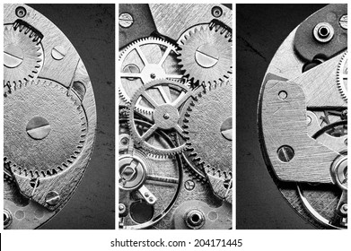 collage with clockwork, gears and cogwheels in vintage style