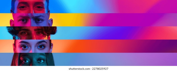 Collage. Close-up images of male and female eyes looking at camera over gradient multicolor background in neon light. Concept of human diversity, emotions, equality, human rights, youth