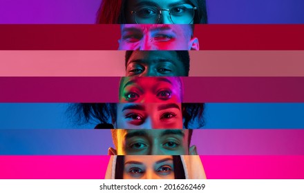 Collage of Nahaufnahme, männlich und weiblich, einzeln auf buntem neonalem Hintergrund. mehrfarbige Streifen. Flyer mit Kopienraum für Werbung. Konzept der Gleichheit, Vereinigung aller Nationen, aller Altersgruppen und Interessen