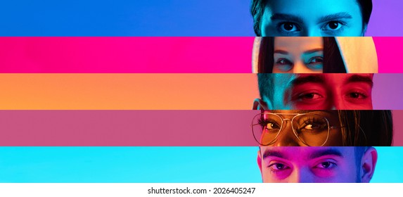 Collage of close-up male and female eyes isolated on colored neon backgorund. Multicolored stripes. Flyer with copy space for ad. Concept of equality, unification of all nations, ages and interests