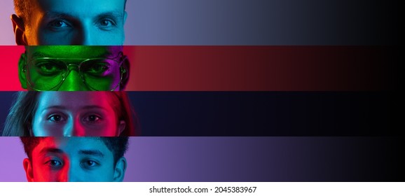 Collage of close-up male and female eyes isolated on colored backgorund. Multicolored stripes. Flyer with copy space for ads. Concept of equality, unification of all nations, ages and interests