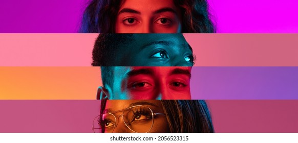 Collage of close-up male and female eyes isolated on colored neon backgorund. Multicolored stripes. Concept of equality, unification of all nations, ages and interests. Diversity and human rights