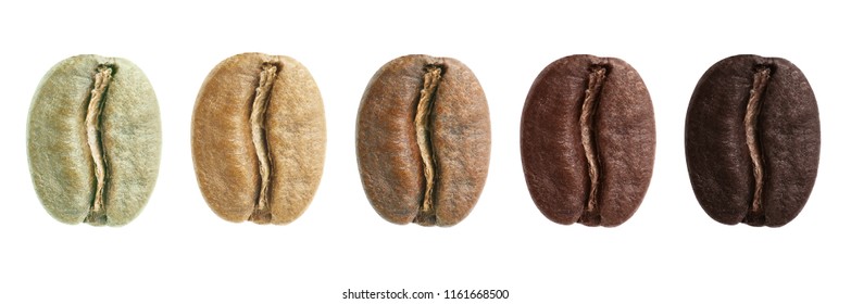 A collage of coffee beans showing various stages of roasting from green beans through to italian roast - Shutterstock ID 1161668500