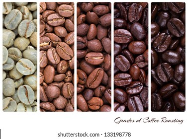 A Collage Of Coffee Beans Showing Various Stages Of Roasting From Raw Through To Italian Roast