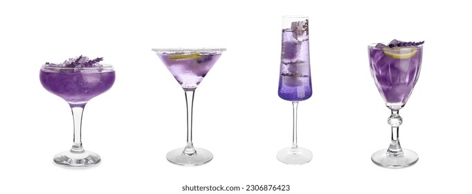 Collage of cold cocktails with lavender in glasses on white background - Powered by Shutterstock