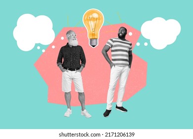 Collage Of Colleagues Young Old Generation Think Common Question Decide Idea Light Bulb Isolated Color Background