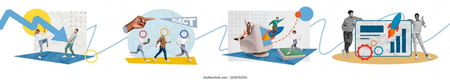 Collage collection of business people coworking networking launch project hold arrow down isolated on painted background - Shutterstock ID 2254762555