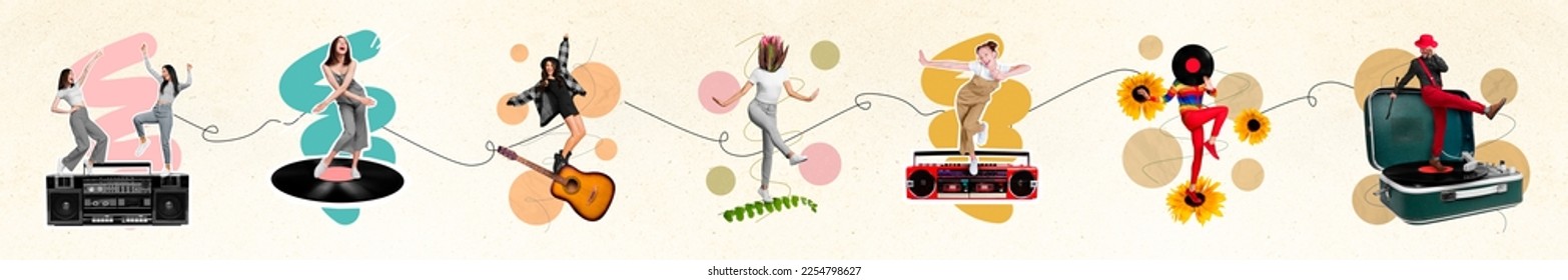 Collage collection of excited positive mini people dancing chilling have good mood listen music isolated on painted background - Shutterstock ID 2254798627