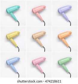 Collage of colorful hair dryers on white paper background