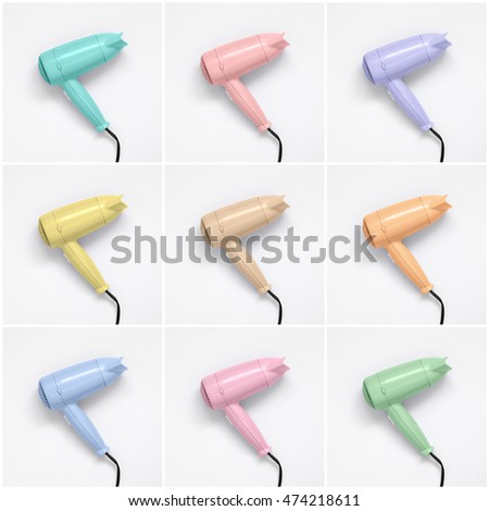Collage of colorful hair dryers on white paper background