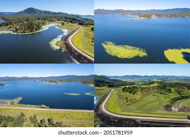 Collage of colorful images of water catchment area and wall of Teemburra Dam, Mackay, Queensland, Australia