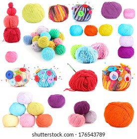 Collage Of Colorful Knitting Yarn Isolated On White