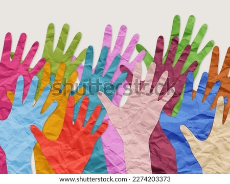 Collage of the colorful paper hands as symbol of diversity and inclusion.