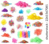 Collage of colorful rubber bands on white background
