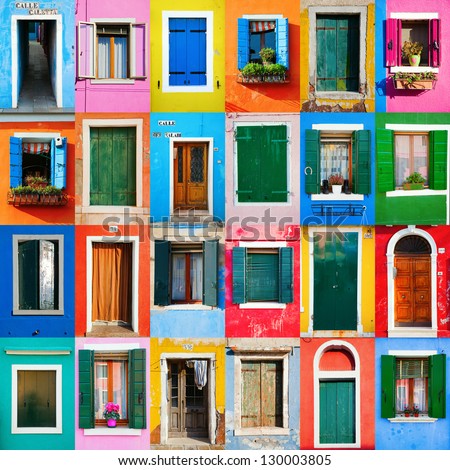 collage of colorful windows and doors in Burano