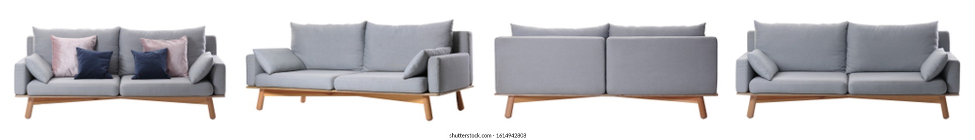 Collage With Comfortable Sofa On White Background