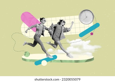 Collage competition of two girls running fast speed hurry up way timer clock productivity no time action isolated on green background