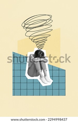 Collage composite design photo of young girl sitting depressed frustrated sit cuddles her knees minded crying isolated on beige background