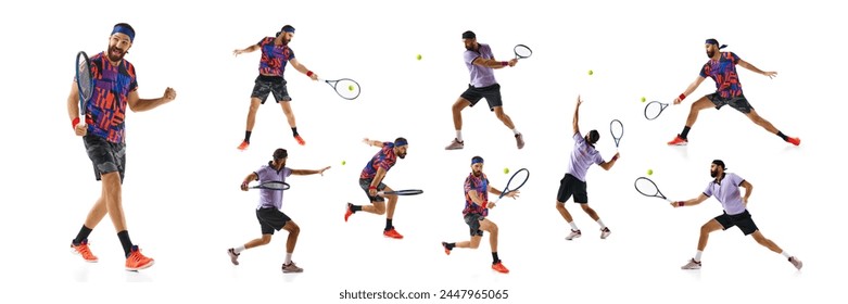 Collage. Concentrated young man, tennis player practicing, playing, hitting ball with racket isolated on white background. Concept of sport, competition, tournament, action, dynamics. Set - Powered by Shutterstock