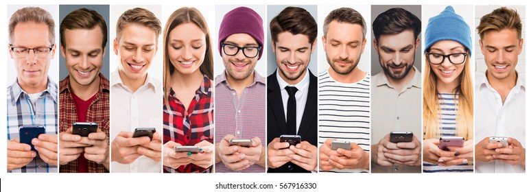 collage concepts of different caucasian happy people in casual style  and different age holding cellphone, checking and using messenger.