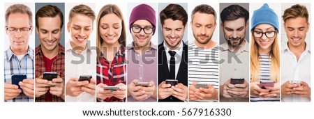 collage concepts of different caucasian happy people in casual style  and different age holding cellphone, checking and using messenger.