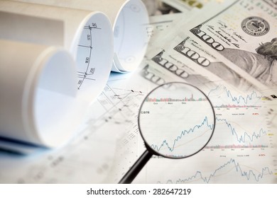 Collage with construction plans, charts and money