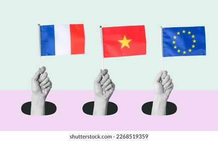 A collage of contemporary art. Flags of the European Union, France, and China come out of the wall from below in the hands of a man. The concept of country diplomacy.  - Shutterstock ID 2268519359