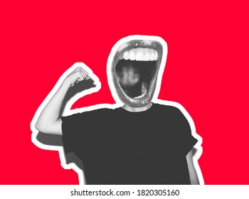 Collage of contemporary art. Instead of a head, a crazy mouth screams, showing a gesture of freedom with his hand. Rocky bright red background. Freedom rights protection sign. Hand to fist.