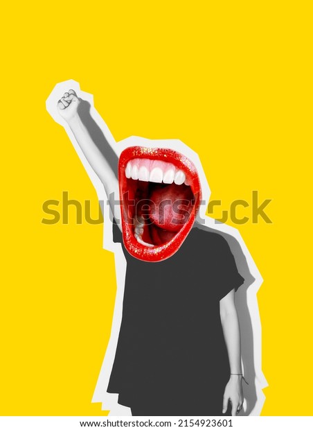 Collage of contemporary art. Instead of a head, a\
crazy mouth screams, showing a gesture of freedom with his hand.\
Rocky bright red background. Freedom rights protection sign. Hand\
to fist.