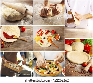 Collage of cooking pizza